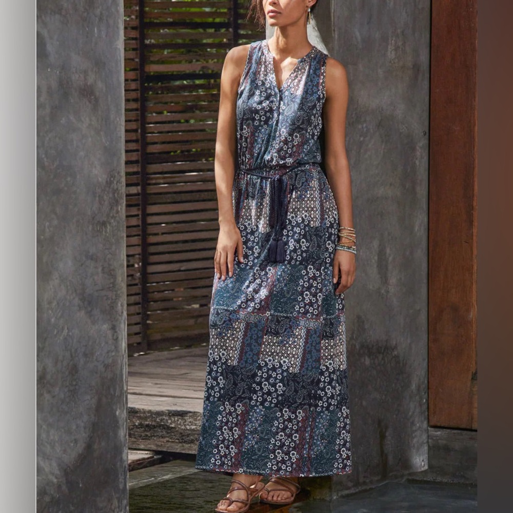 Garnet Hill Patchwork Print Banded Collar Knit Maxi Dress Size XL Rope Belt